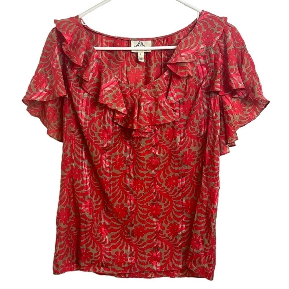 Milly of NY Tan and Coral Ruffle Sleeve Silk Blend Boho Chic Blouse Size 2